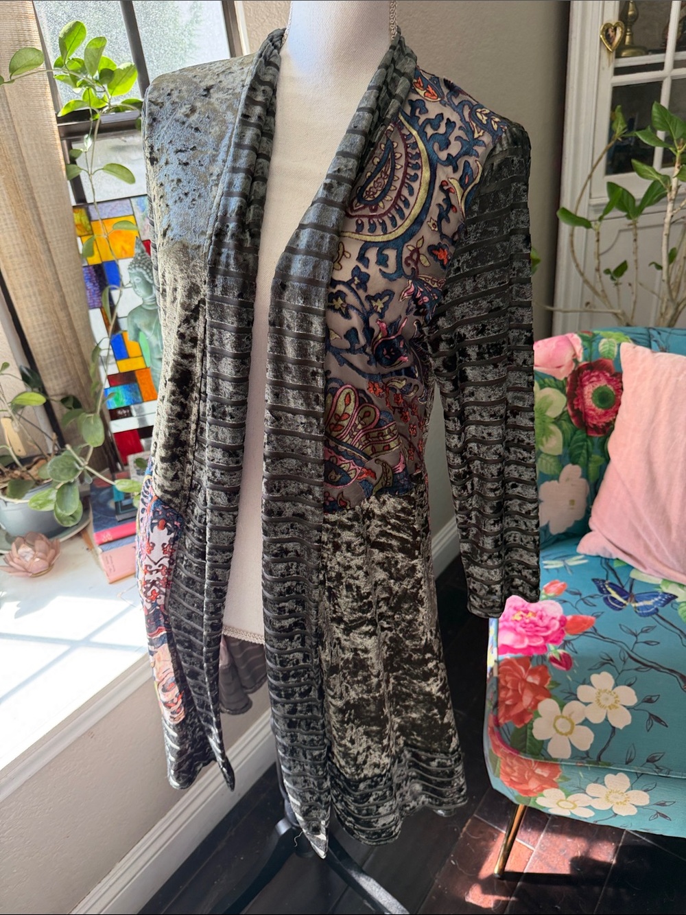 Kamana Velvet Burnout Open Cardigan with Paisley Panels - Green and Multicolor